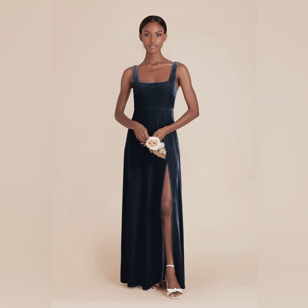 Birdy Grey Alex Navy Gray Velvet Square Neck Slit Sleeveless Bridesmaid Dress M
